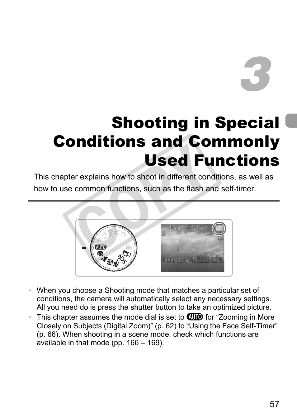 Shooting in special, Conditions and commonly, Used functions | Co py | Canon POWERSHOT SX201S User Manual | Page 57 / 180