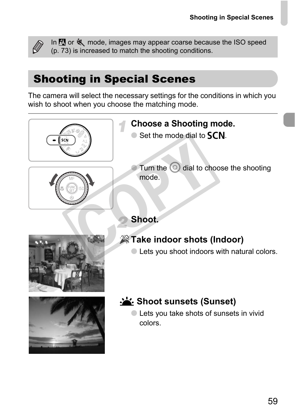 P. 59), Shooting in special scenes, Co py | Canon POWERSHOT SX201S User Manual | Page 59 / 180