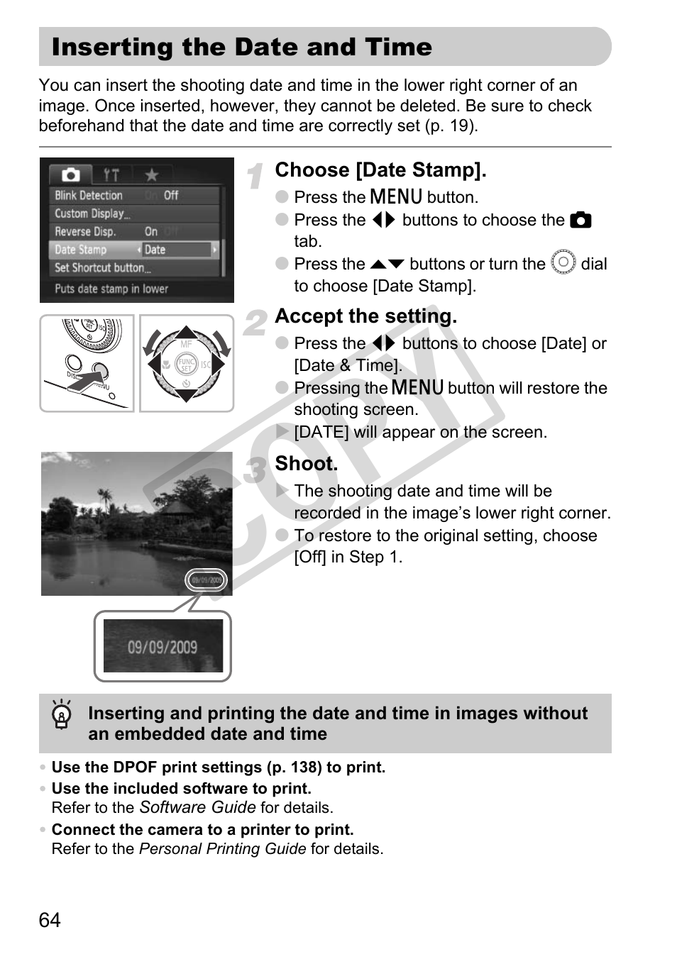 Inserting the date and time, E stamp (p. 64), P. 64) | Co py | Canon POWERSHOT SX201S User Manual | Page 64 / 180