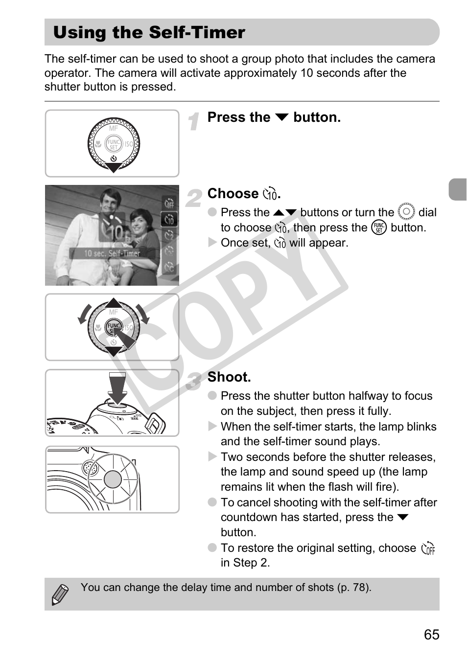 Using the self-timer, R) (pp. 65, 66), Er (pp. 65 | Co py | Canon POWERSHOT SX201S User Manual | Page 65 / 180