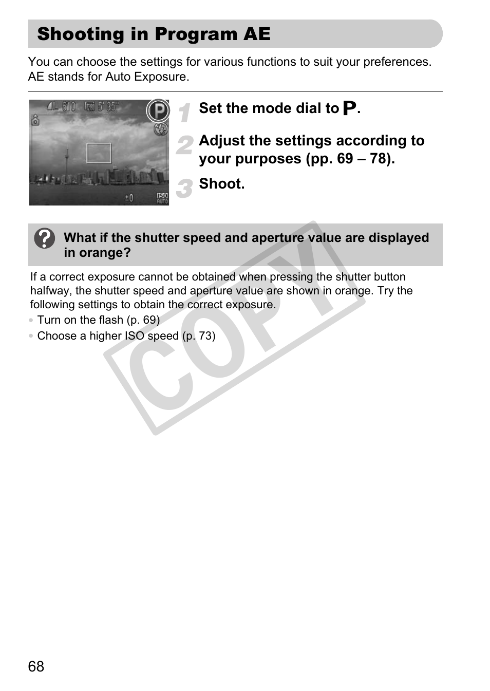 Shooting in program ae, E you want (pp. 68, 93, 94, 9, Co py | Canon POWERSHOT SX201S User Manual | Page 68 / 180