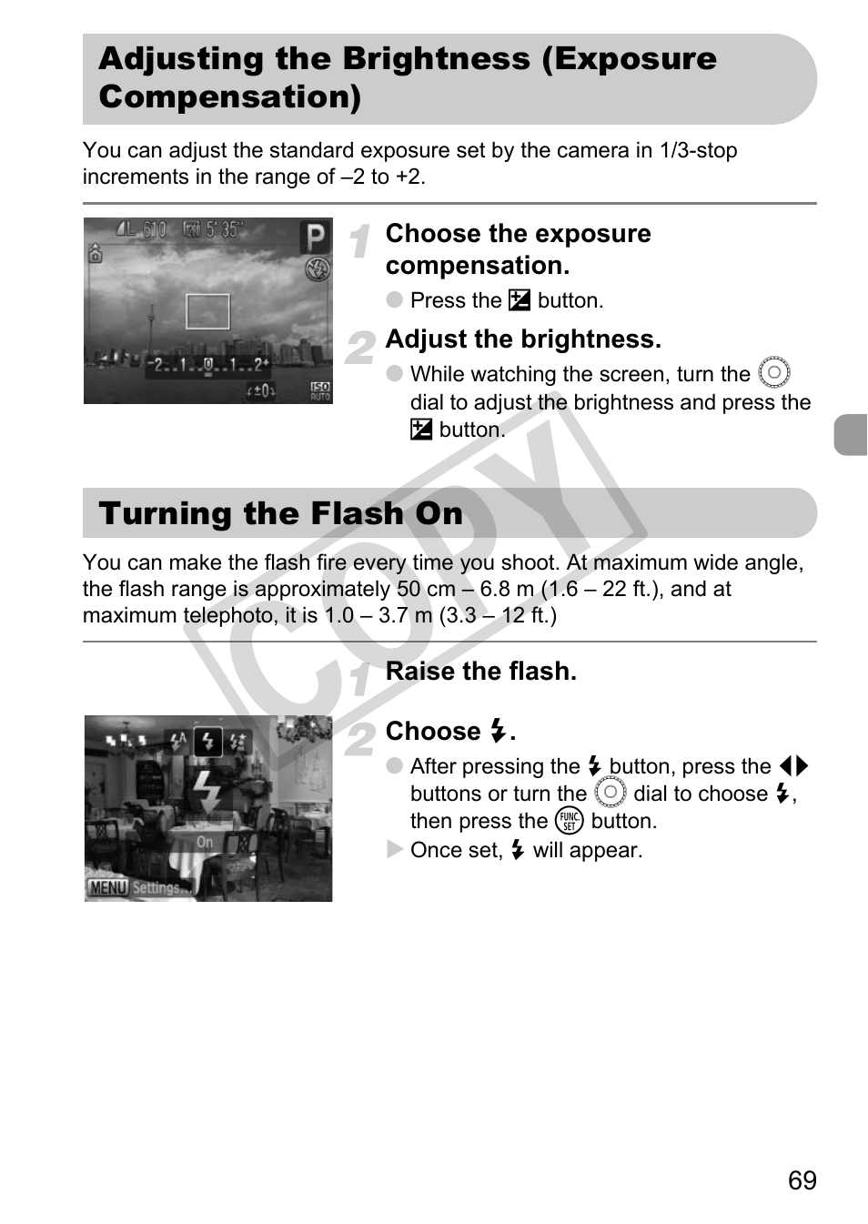 Button (p. 69), Exposure) (p. 69), P. 69) | P. 69) / exposu, Flash (p. 69), exposure, Pp. 69, Co py | Canon POWERSHOT SX201S User Manual | Page 69 / 180