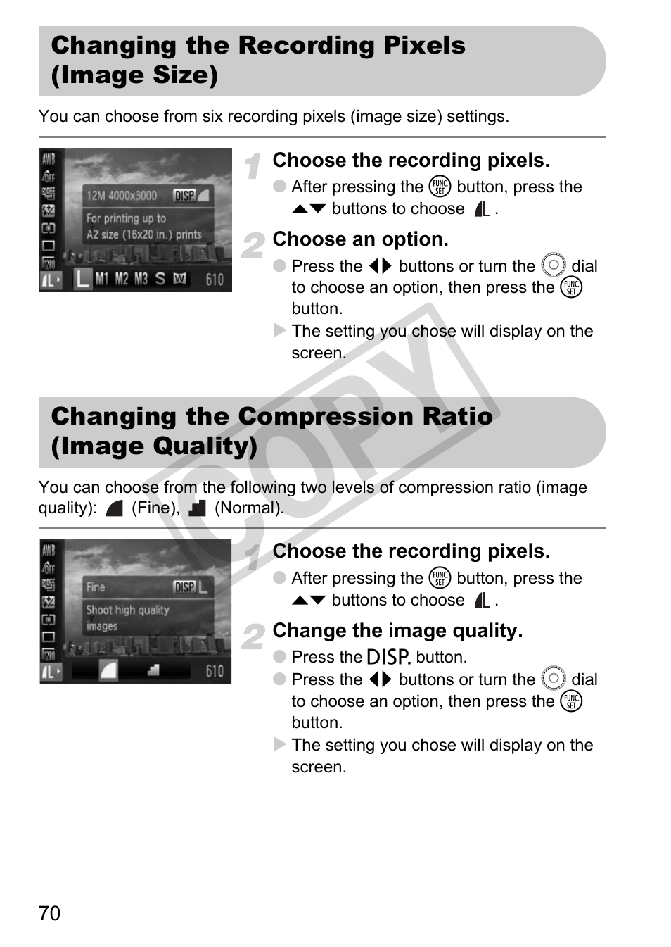 Quality) (p. 70), P. 70), Recording pixels (p. 70) | Ls (p. 70), Co py | Canon POWERSHOT SX201S User Manual | Page 70 / 180