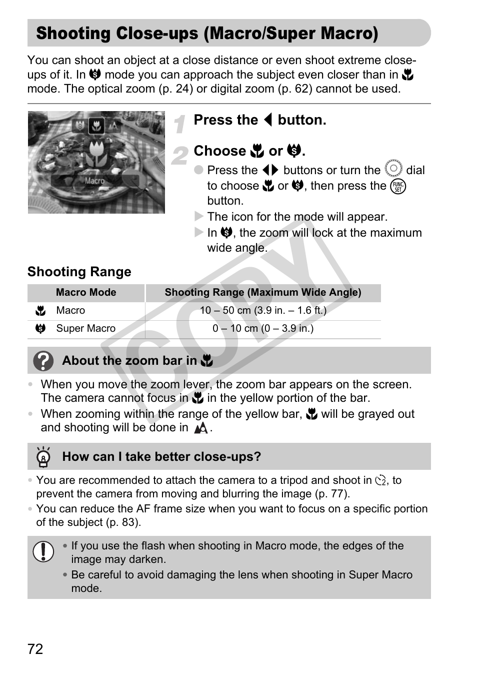 Shooting close-ups (macro/super macro), Macro) (p. 72), Macro (p. 72), super macro (p. 72), manual | Co py | Canon POWERSHOT SX201S User Manual | Page 72 / 180