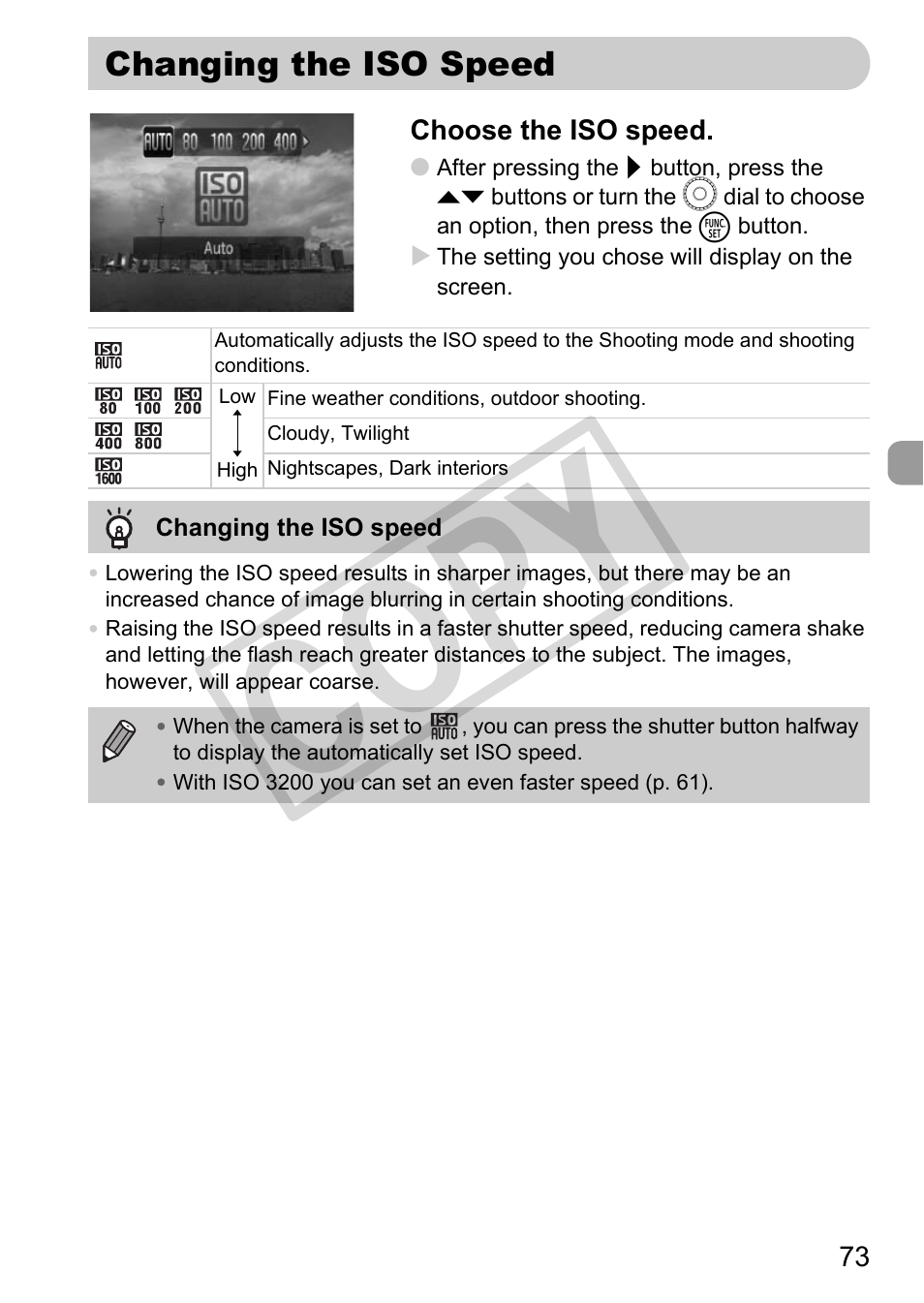 Changing the iso speed, Iso (p. 73), Speed (p. 73 | Iso speed (p. 73), P. 73), P. 73, Co py | Canon POWERSHOT SX201S User Manual | Page 73 / 180