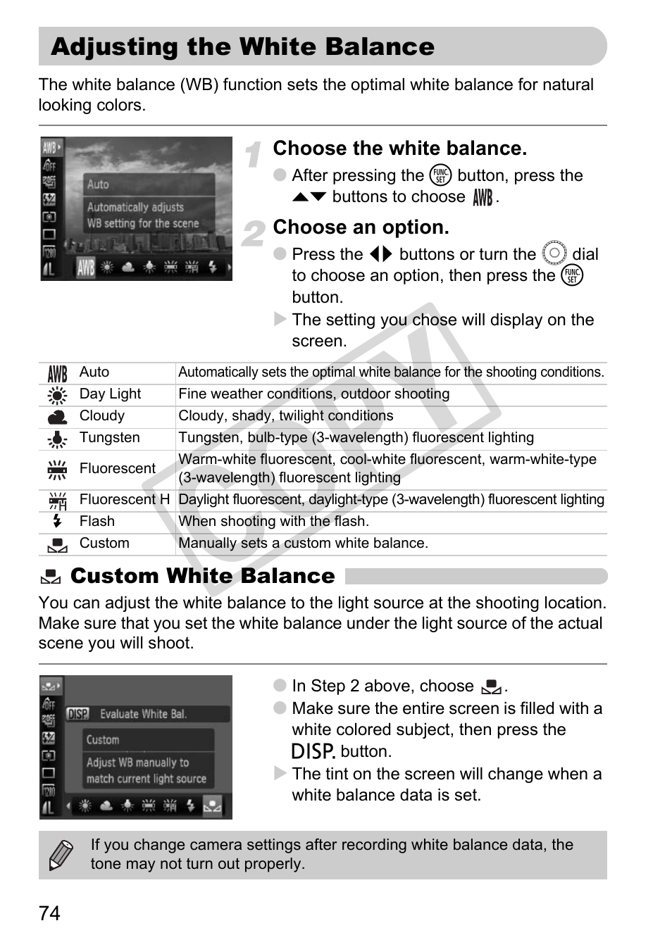 Adjusting the white balance, White balance (p. 74), P. 74) | Co py | Canon POWERSHOT SX201S User Manual | Page 74 / 180