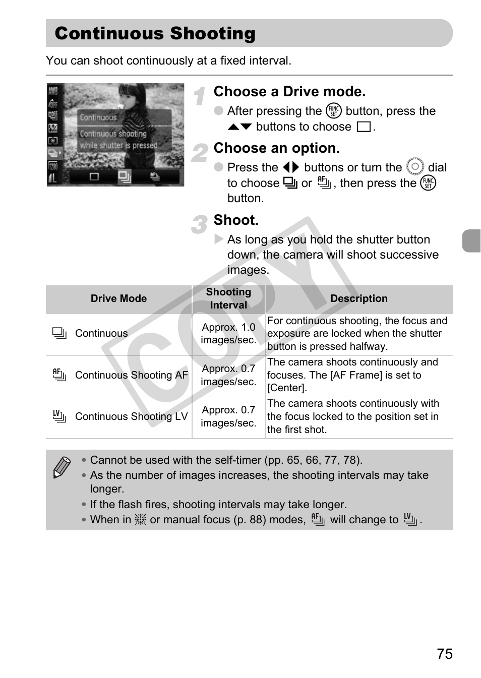 Continuous shooting, Drive mode (p. 75, Co py | Canon POWERSHOT SX201S User Manual | Page 75 / 180