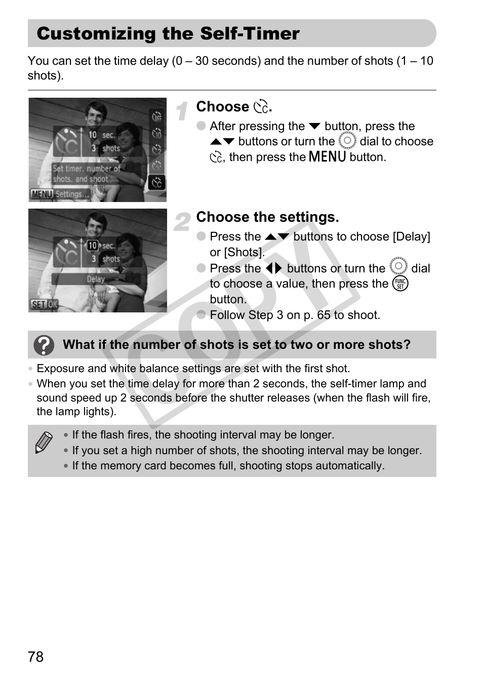 Customizing the self-timer, Co py | Canon POWERSHOT SX201S User Manual | Page 78 / 180