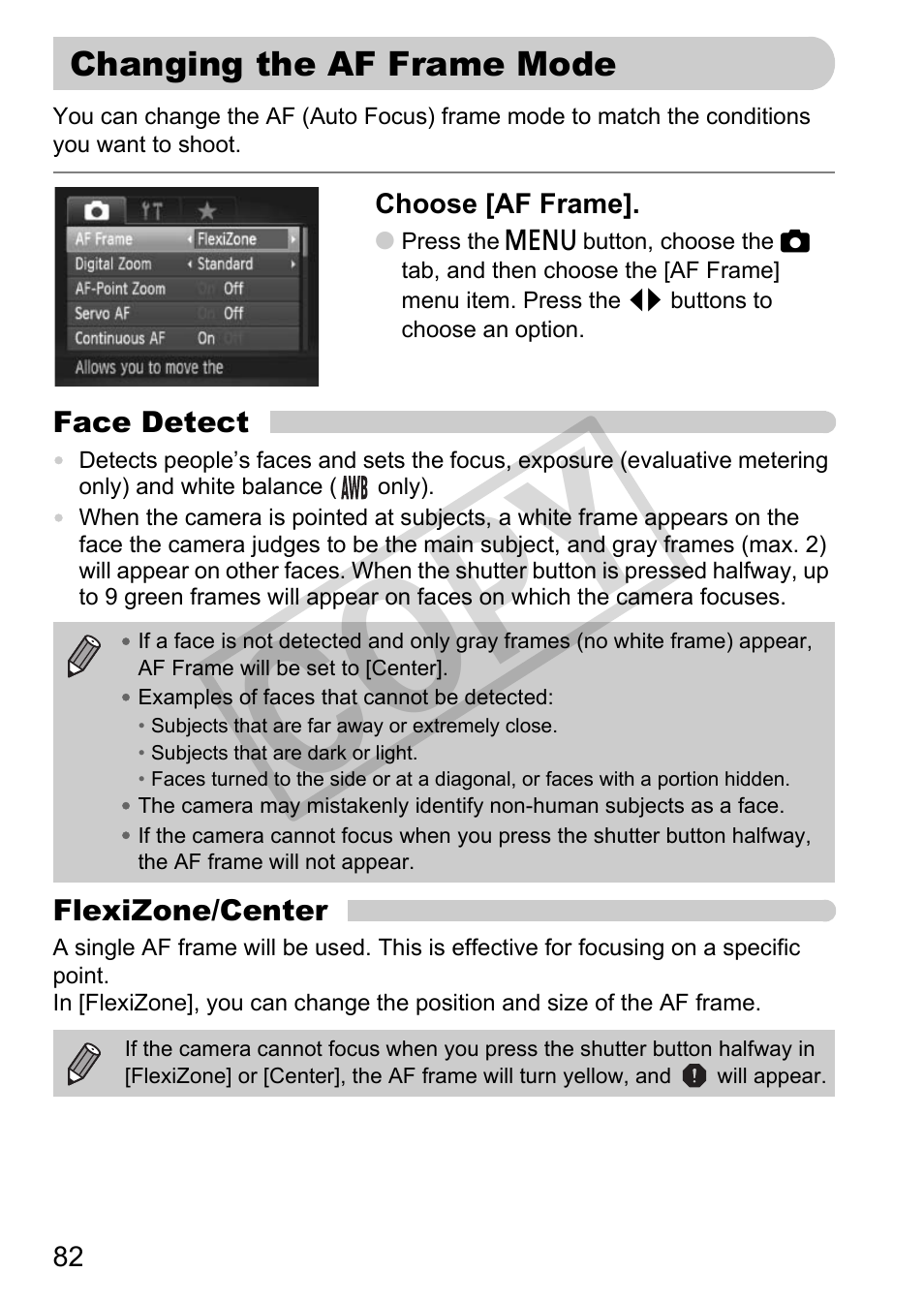 Changing the af frame mode, Co py | Canon POWERSHOT SX201S User Manual | Page 82 / 180