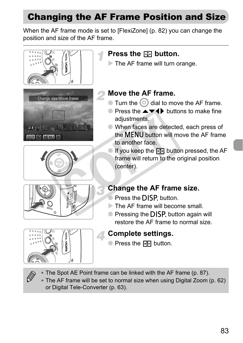 Changing the af frame position and size, Or) (p. 83), Ect (p. 83) | Co py | Canon POWERSHOT SX201S User Manual | Page 83 / 180