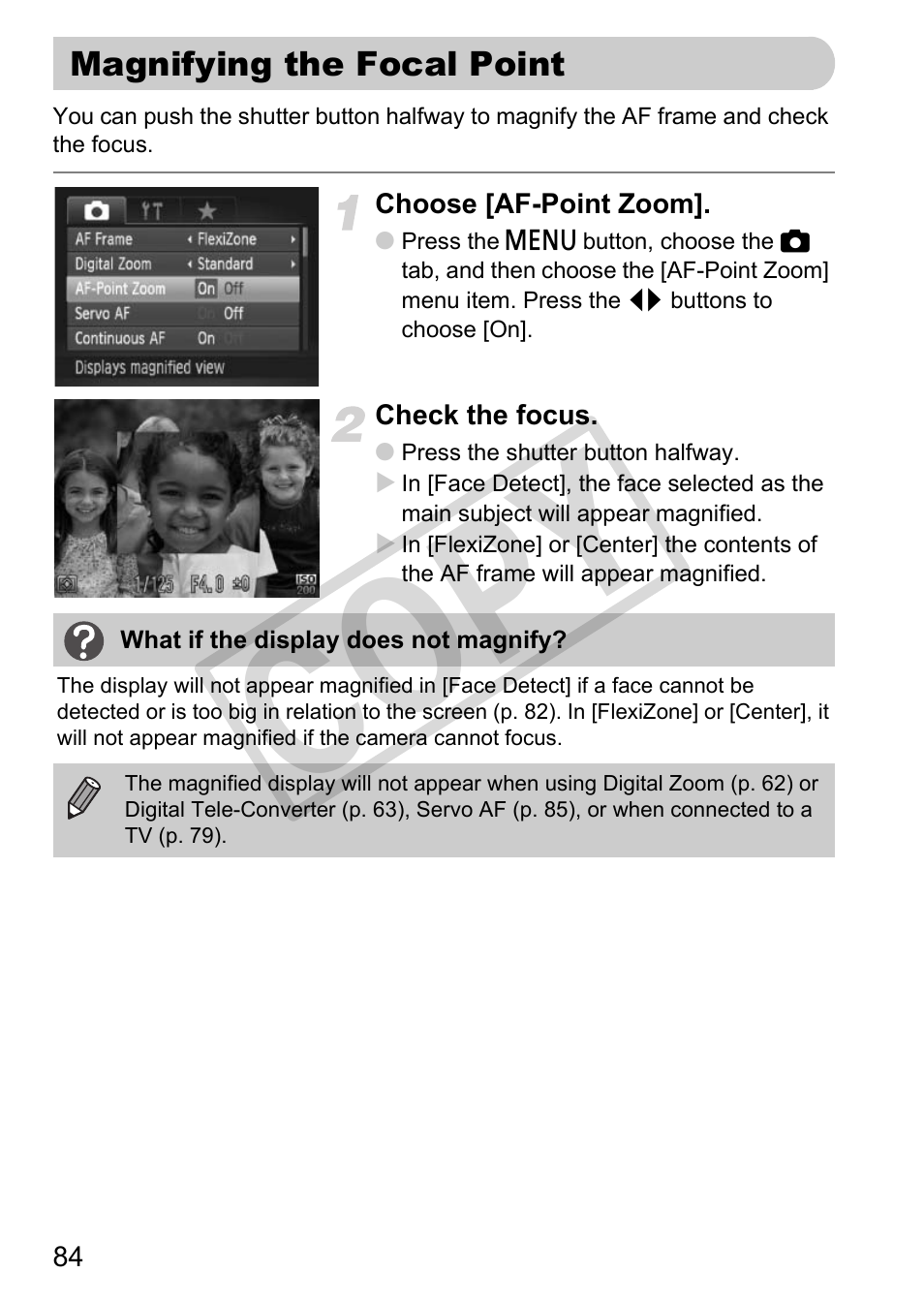 Magnifying the focal point, Co py | Canon POWERSHOT SX201S User Manual | Page 84 / 180