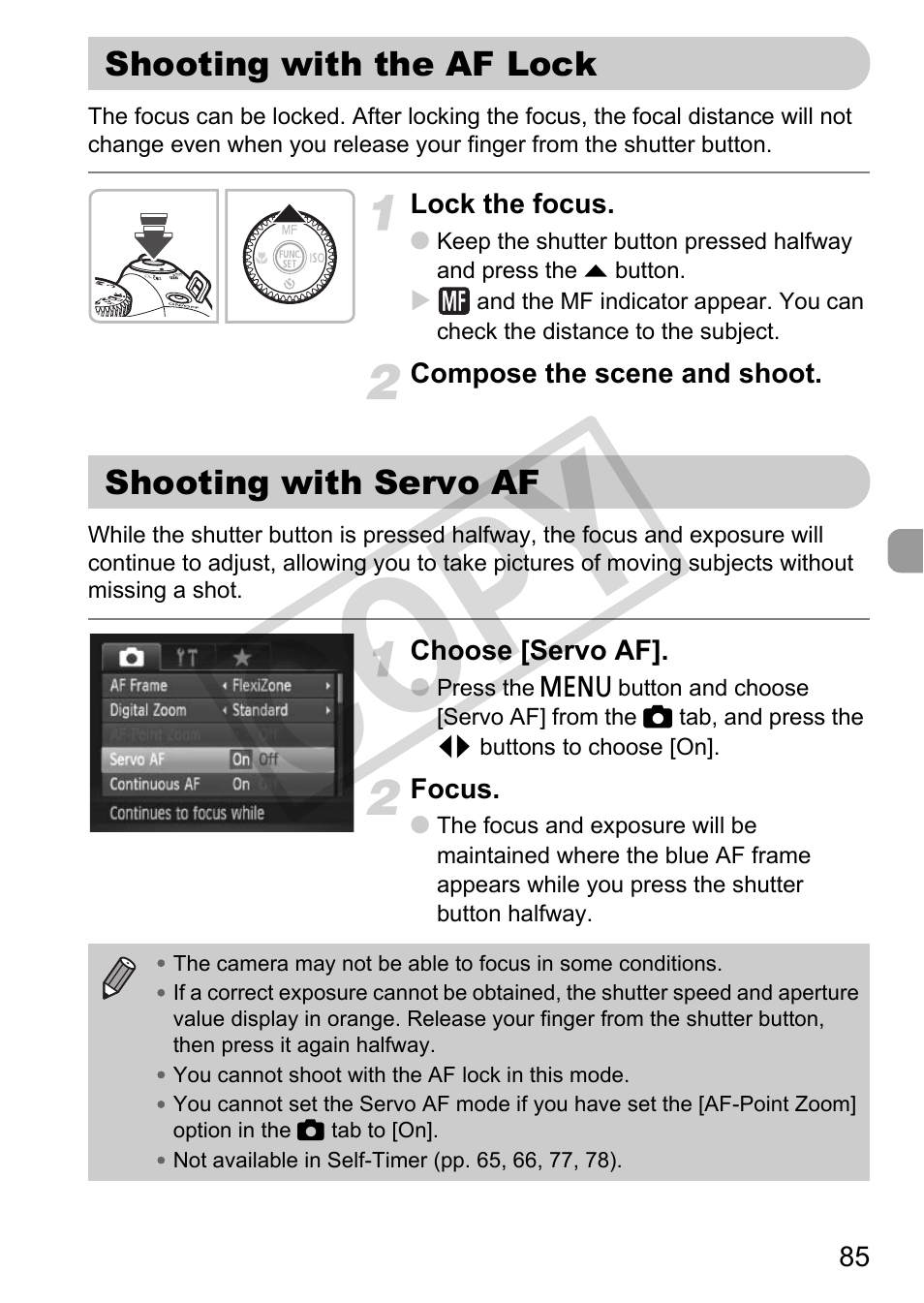Shooting with the af lock shooting with servo af, Servo af (p. 85), Co py | Canon POWERSHOT SX201S User Manual | Page 85 / 180