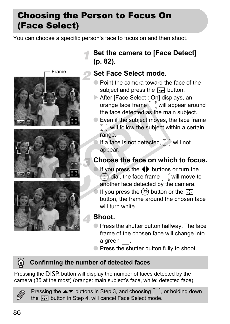 Choosing the person to focus on (face select), Co py | Canon POWERSHOT SX201S User Manual | Page 86 / 180