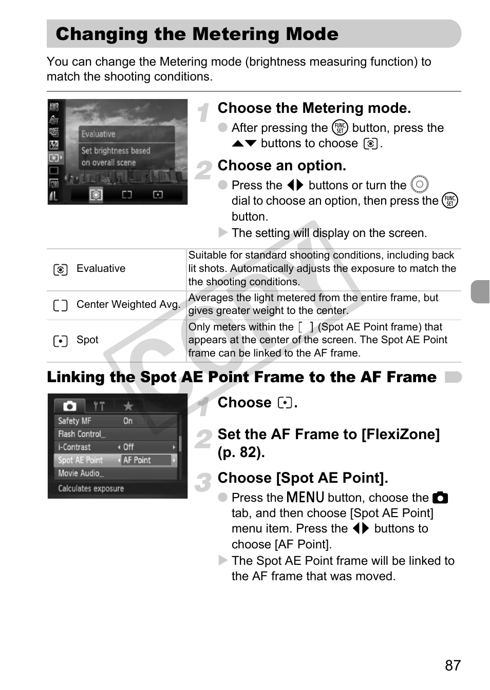 Changing the metering mode, P. 87), Des (p. 87) | Co py | Canon POWERSHOT SX201S User Manual | Page 87 / 180