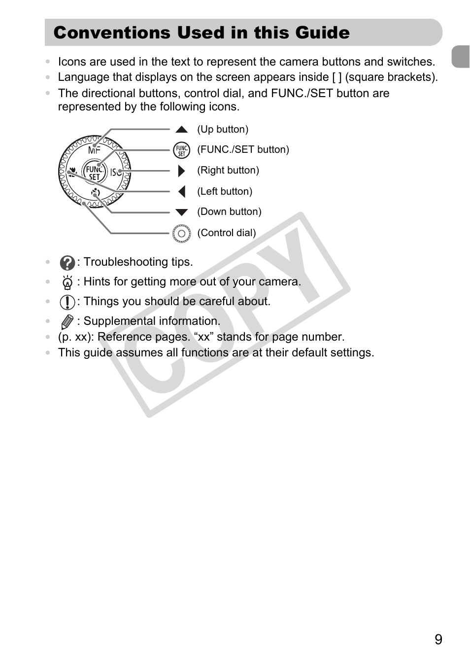 Conventions used in this guide, Co py | Canon POWERSHOT SX201S User Manual | Page 9 / 180