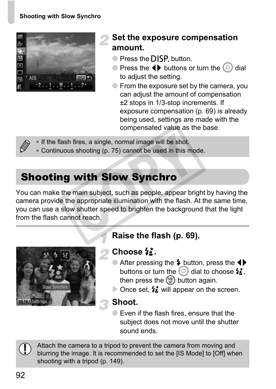 Shooting with slow synchro, Co py | Canon POWERSHOT SX201S User Manual | Page 92 / 180