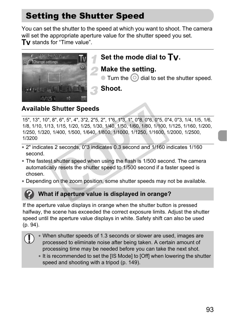 Setting the shutter speed, Setting the shutter speed” (p. 93), Co py | Canon POWERSHOT SX201S User Manual | Page 93 / 180