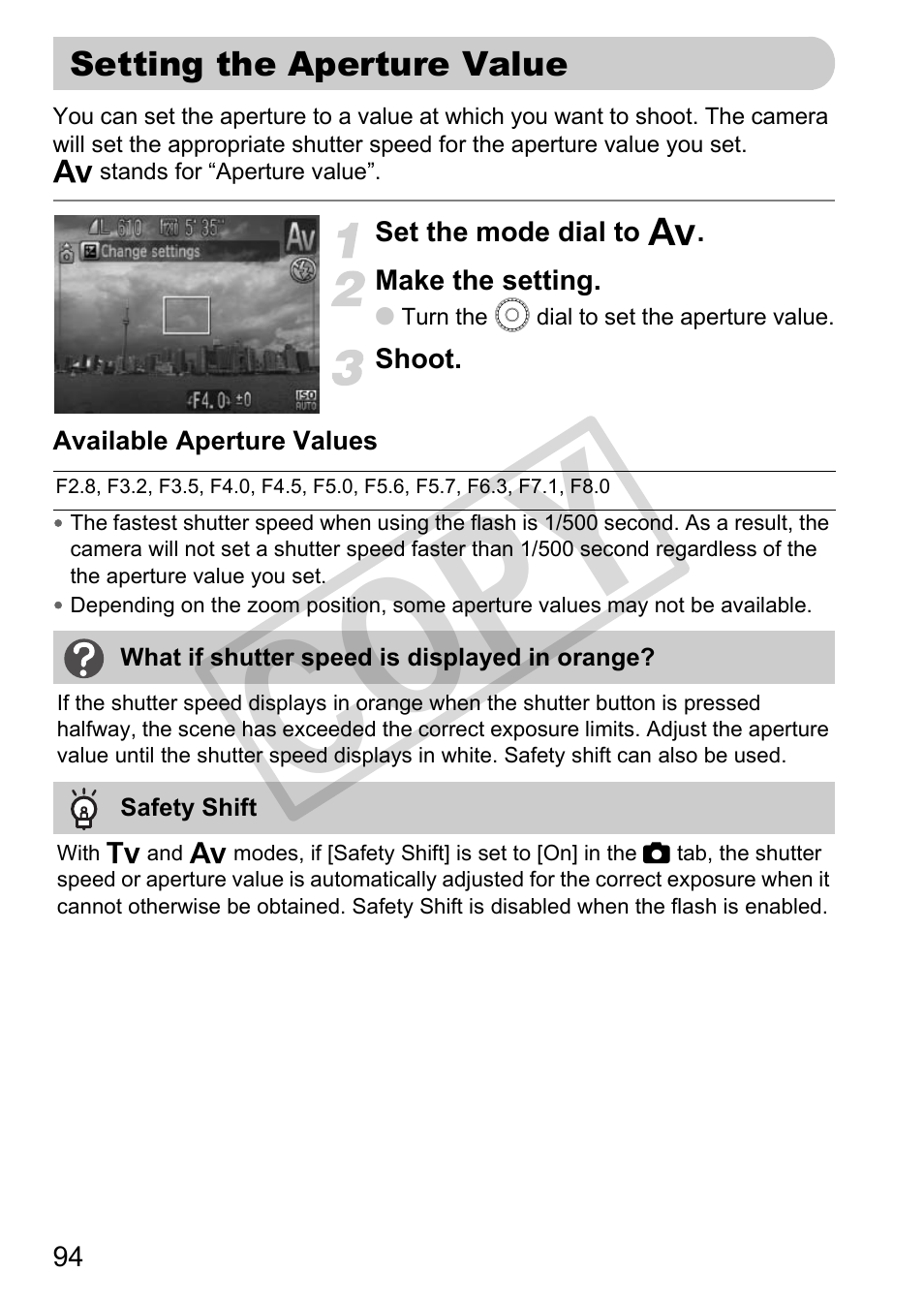Setting the aperture value, Setting the aperture value” (p. 94), Co py | Canon POWERSHOT SX201S User Manual | Page 94 / 180