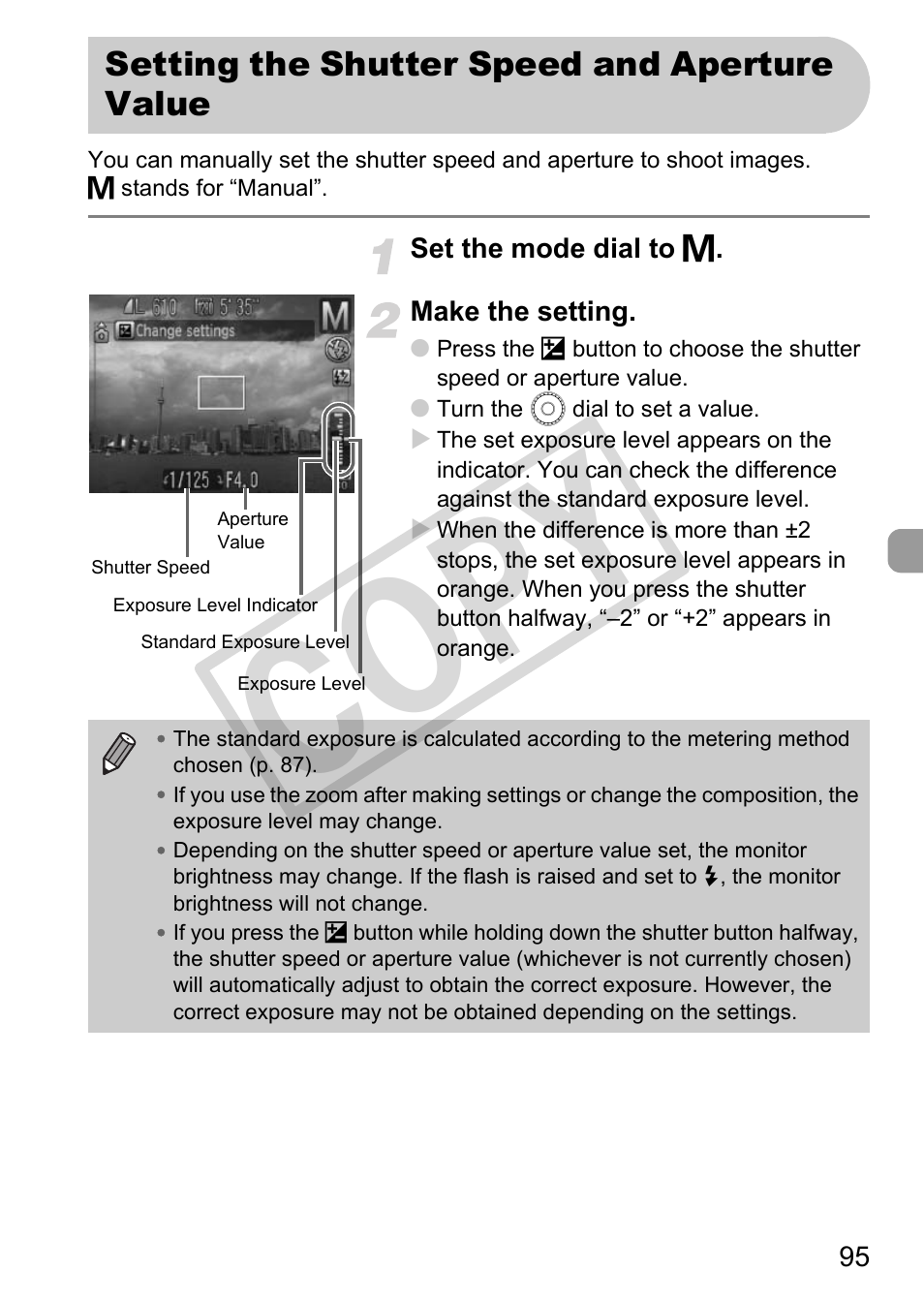 Setting the shutter speed and aperture value, P. 95), Co py | Canon POWERSHOT SX201S User Manual | Page 95 / 180