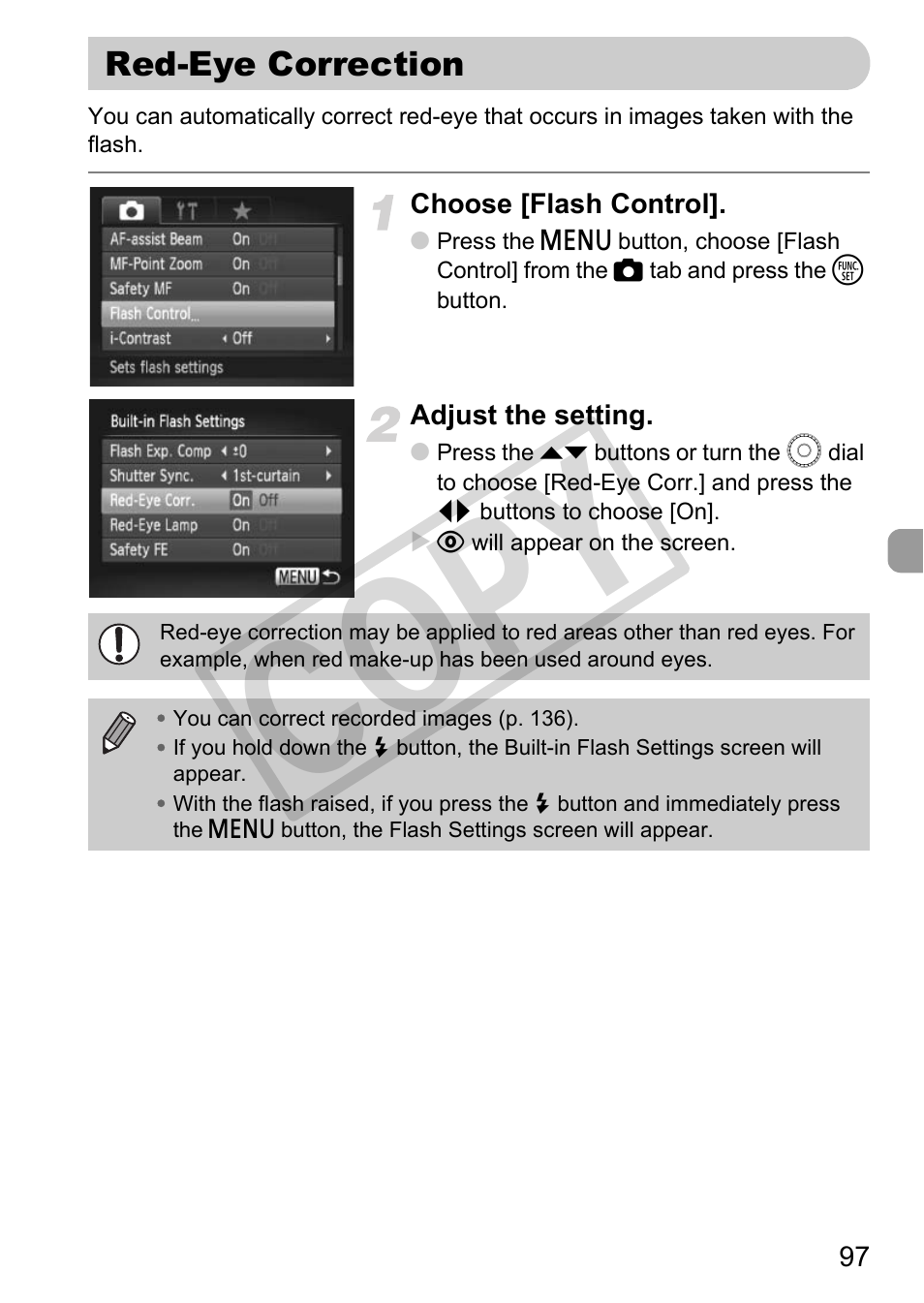Red-eye correction, P. 97), Pp. 97 | Co py | Canon POWERSHOT SX201S User Manual | Page 97 / 180