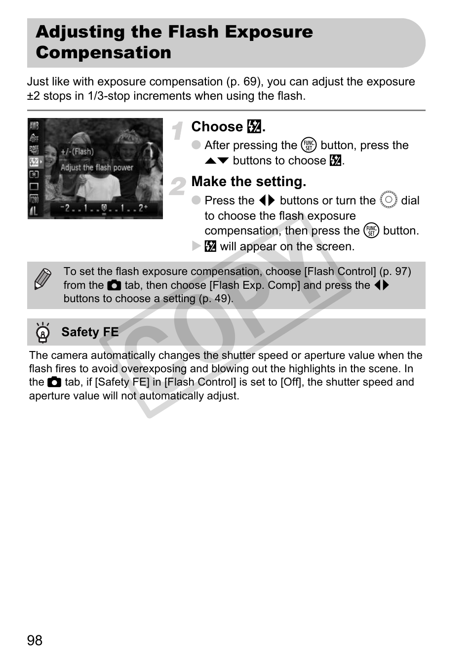 Adjusting the flash exposure compensation, Tion (p. 98), Co py | Canon POWERSHOT SX201S User Manual | Page 98 / 180