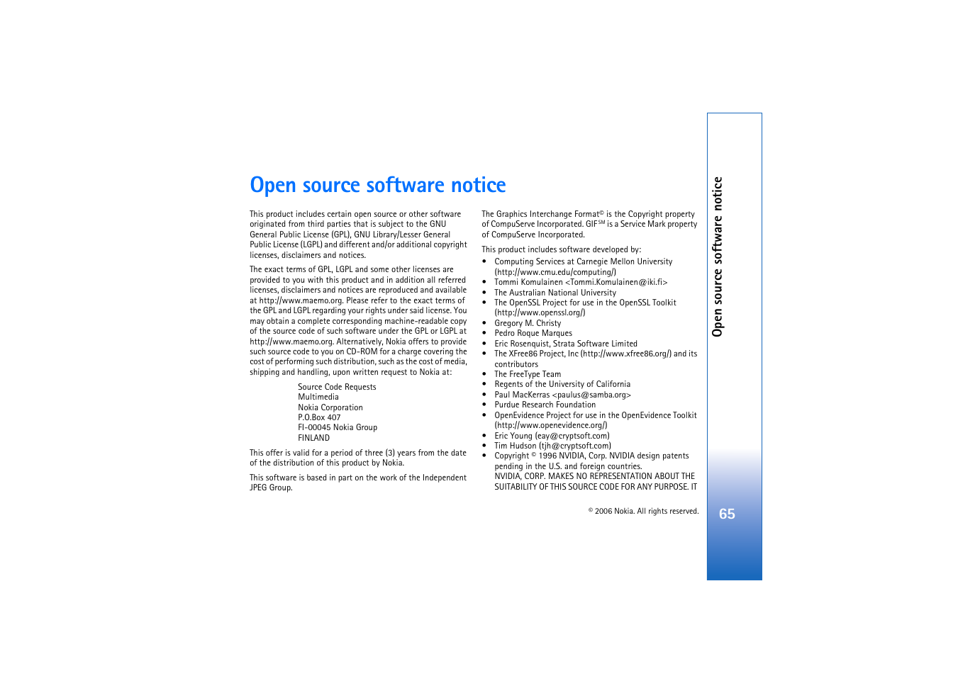 Open source software notice | Nokia N800 User Manual | Page 65 / 66