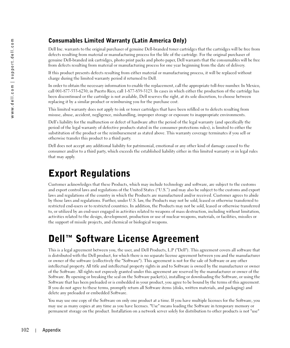 Export regulations, Dell™ software license agreement, Consumables limited warranty (latin america only) | Dell 1710n User Manual | Page 102 / 108