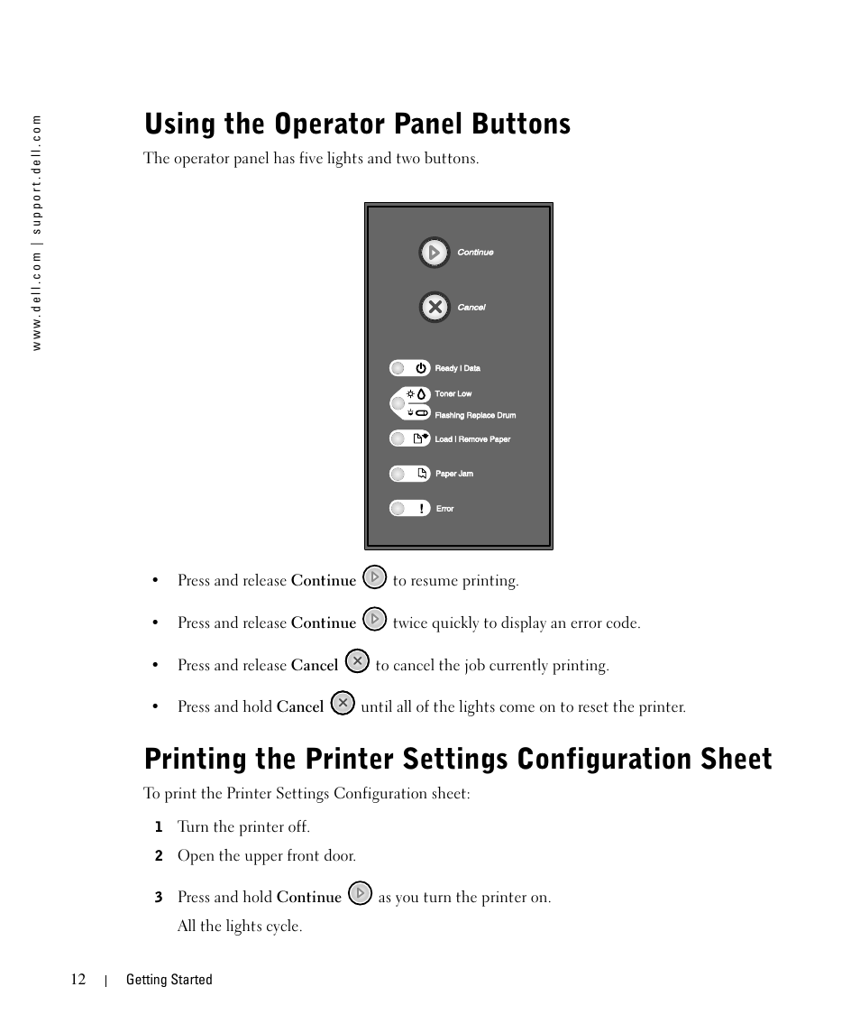 Using the operator panel buttons, Printing the printer settings configuration sheet | Dell 1710n User Manual | Page 12 / 108