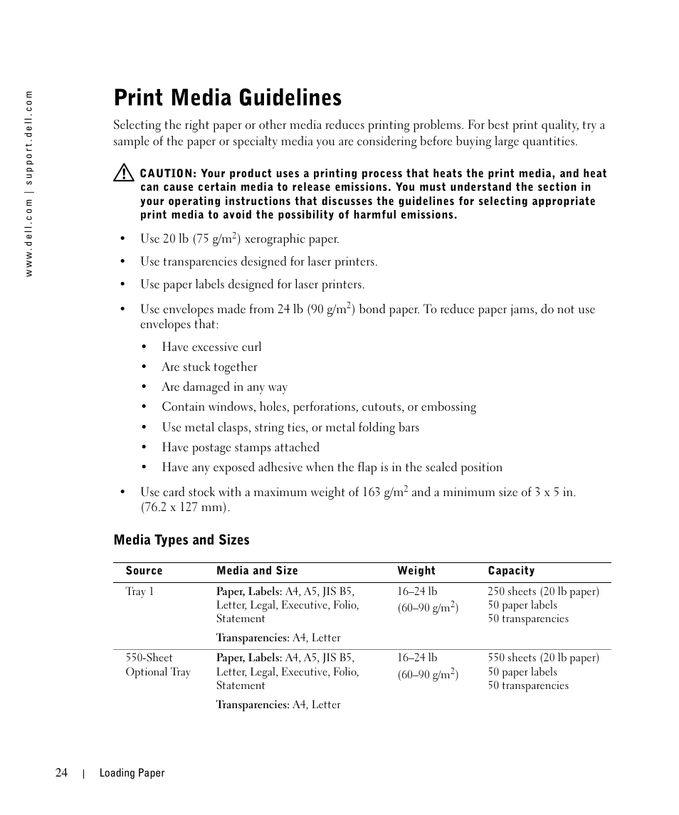 Print media guidelines, Media types and sizes | Dell 1710n User Manual | Page 24 / 108