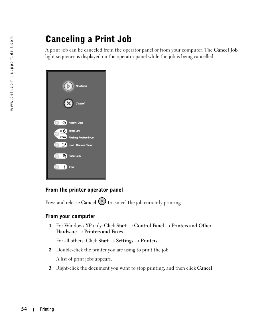 Canceling a print job, From the printer operator panel, From your computer | Dell 1710n User Manual | Page 54 / 108