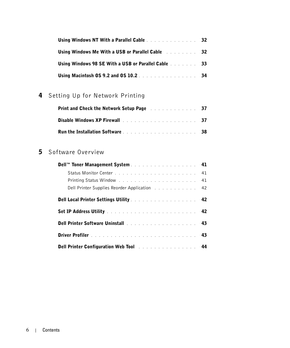 4setting up for network printing, 5sof tware overview | Dell 1710n User Manual | Page 6 / 108