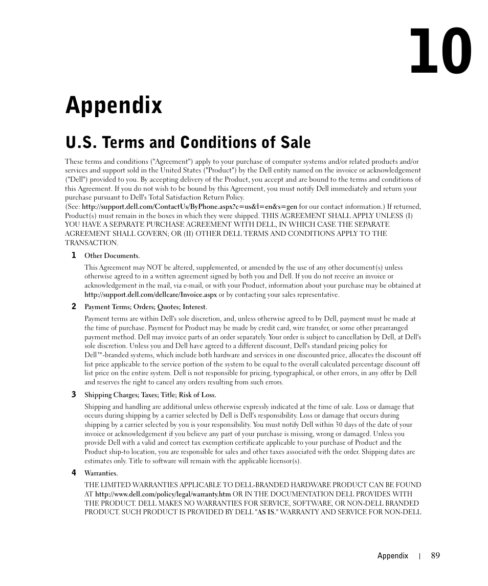 Appendix, U.s. terms and conditions of sale | Dell 1710n User Manual | Page 89 / 108