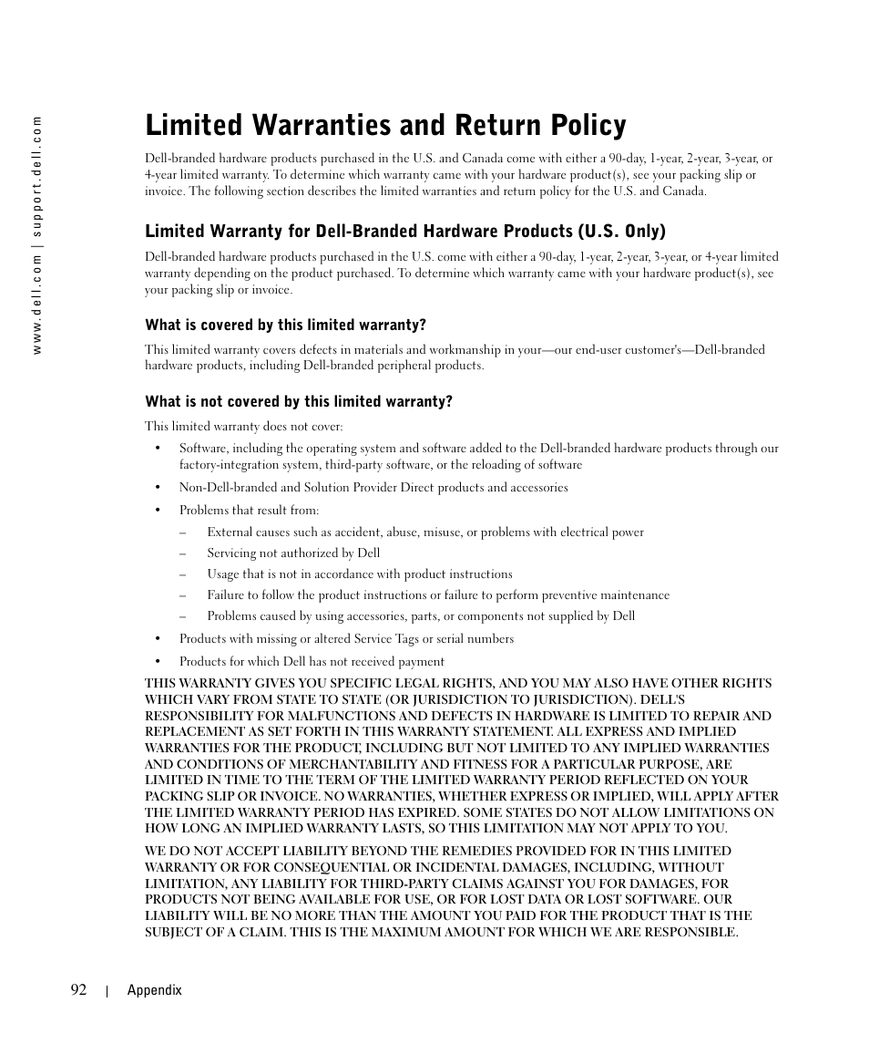 Limited warranties and return policy | Dell 1710n User Manual | Page 92 / 108