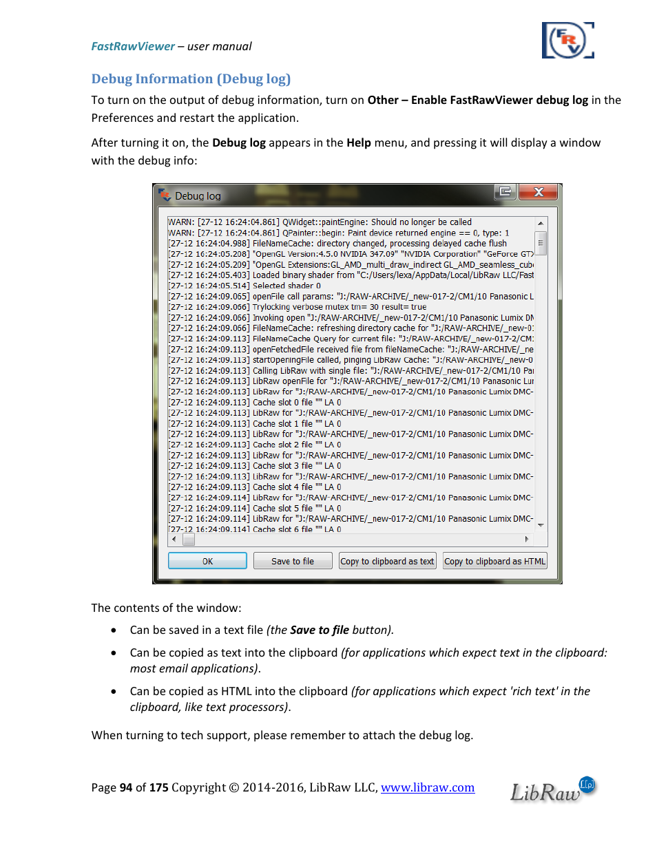 Debug information (debug log) | FastRawViewer Software 2.0 (Download) User Manual | Page 94 / 175