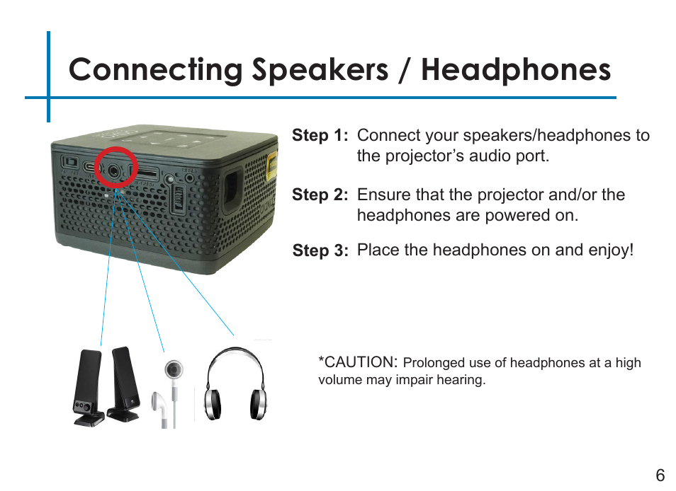 Connecting speakers / headphones | AAXA Technologies P7+ 550-Lumen Full HD LED SmPico Projector User Manual | Page 9 / 49
