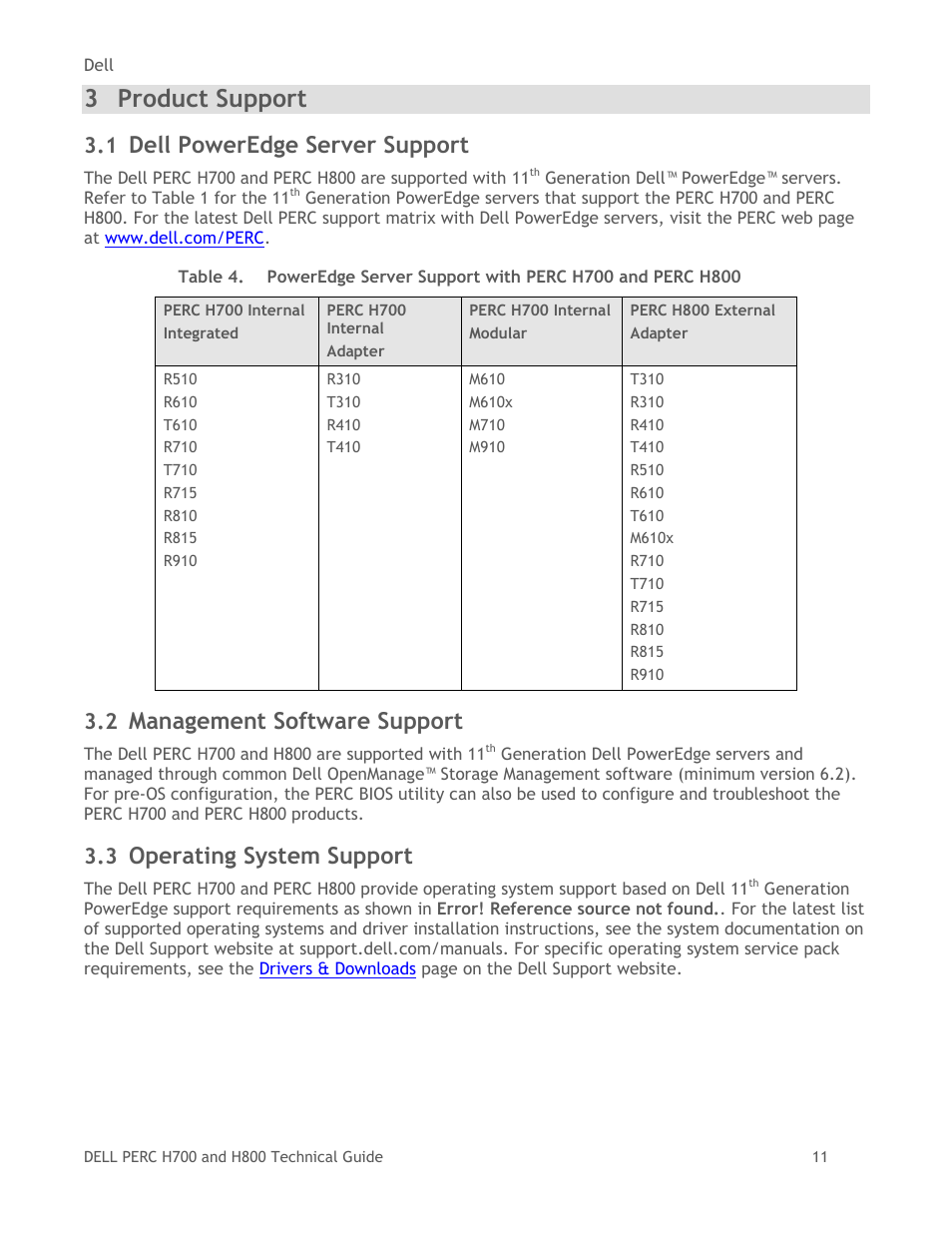 Product support, Poweredge™ server support, Management software support | Operating system support, Table 4, 3 product support, Dell poweredge server support | Dell POWEREDGE RADI H800 User Manual | Page 11 / 29