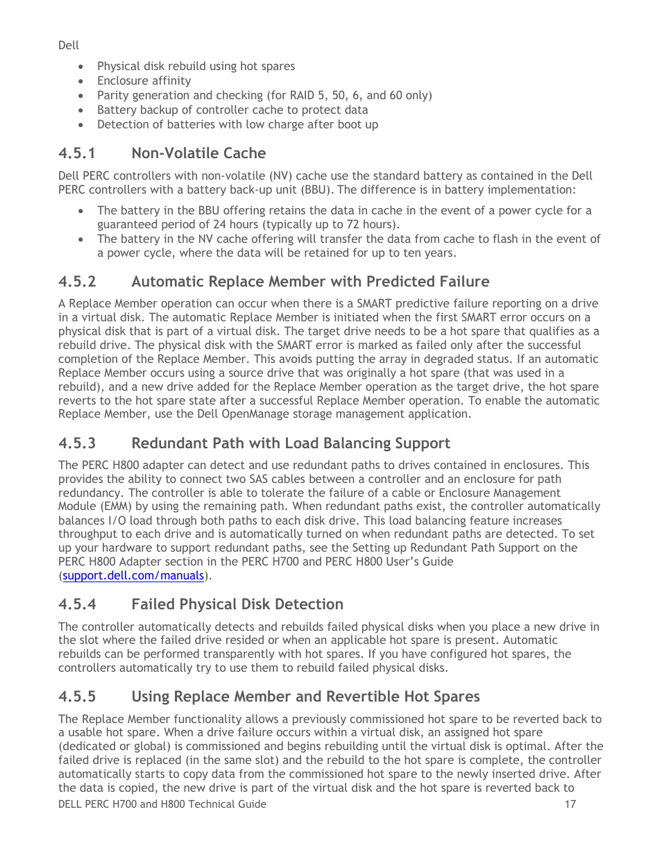 Non-volatile cache, Automatic replace member with predicted failure, Redundant path with load balancing support | Failed physical disk detection, Using replace member and revertible hot spares | Dell POWEREDGE RADI H800 User Manual | Page 17 / 29