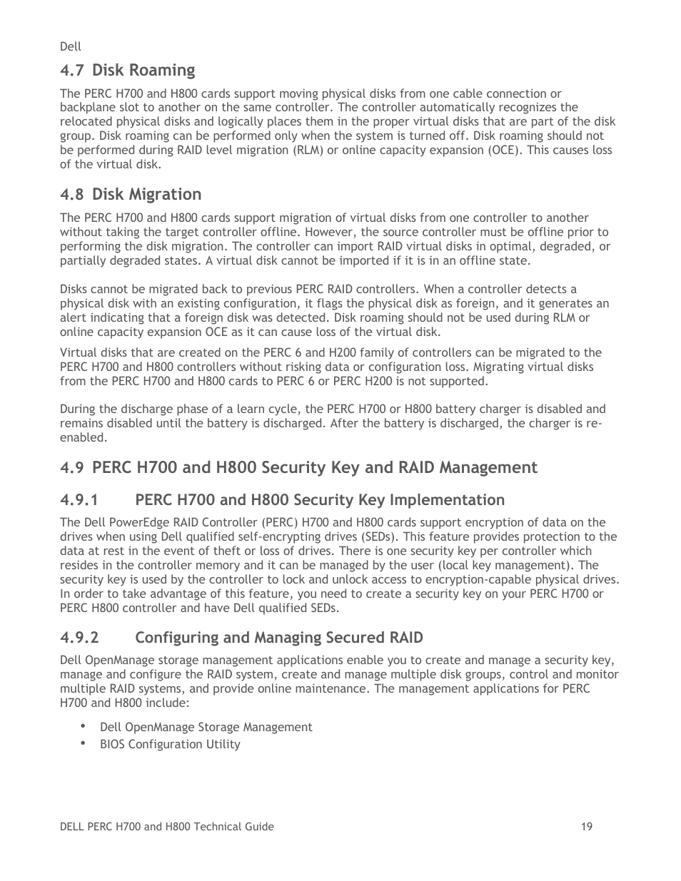 Disk roaming, Disk migration, Perc h700 and h800 security key implementation | Configuring and managing secured raid | Dell POWEREDGE RADI H800 User Manual | Page 19 / 29