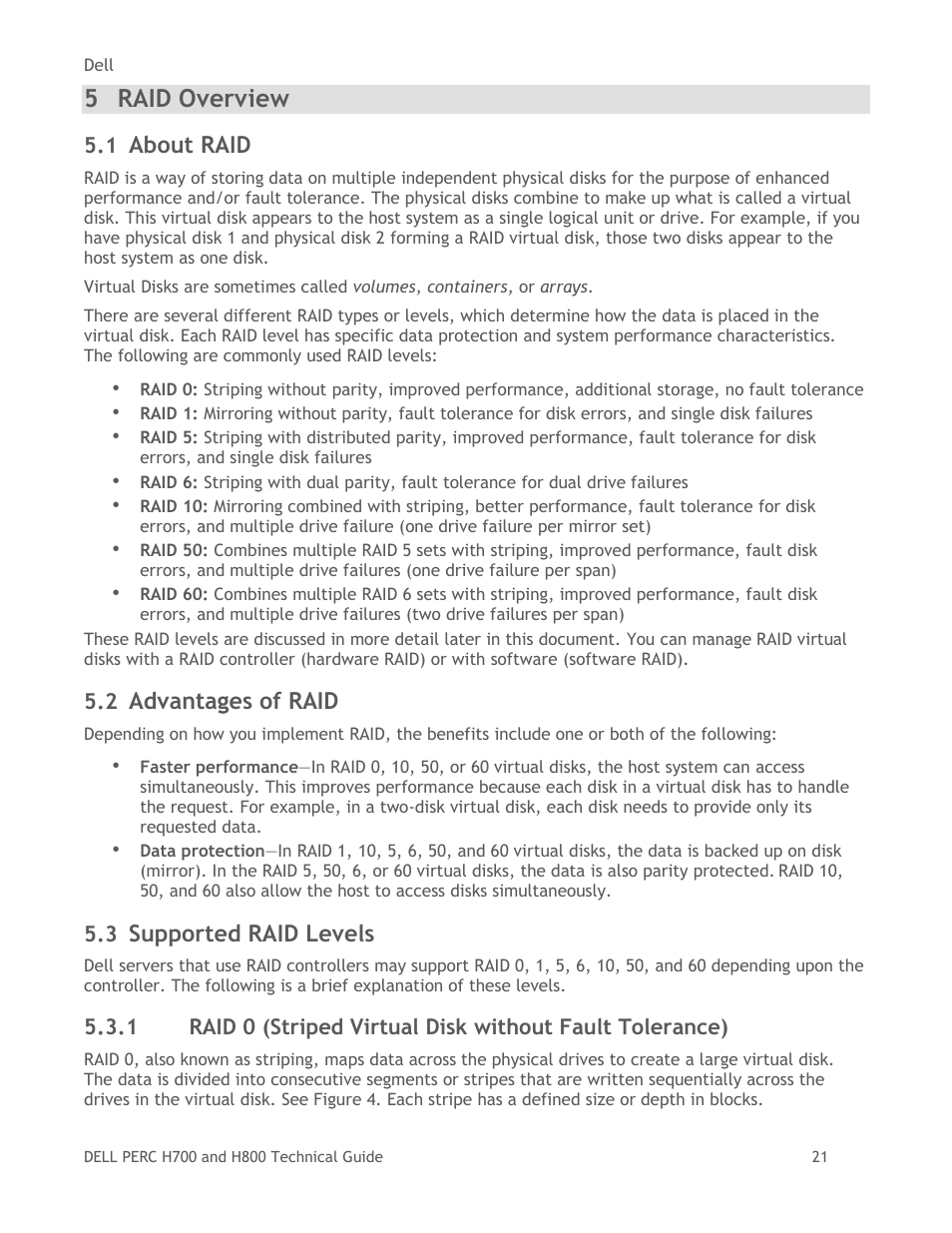 Raid overview, About raid, Advantages of raid | Supported raid levels, 5 raid overview | Dell POWEREDGE RADI H800 User Manual | Page 21 / 29