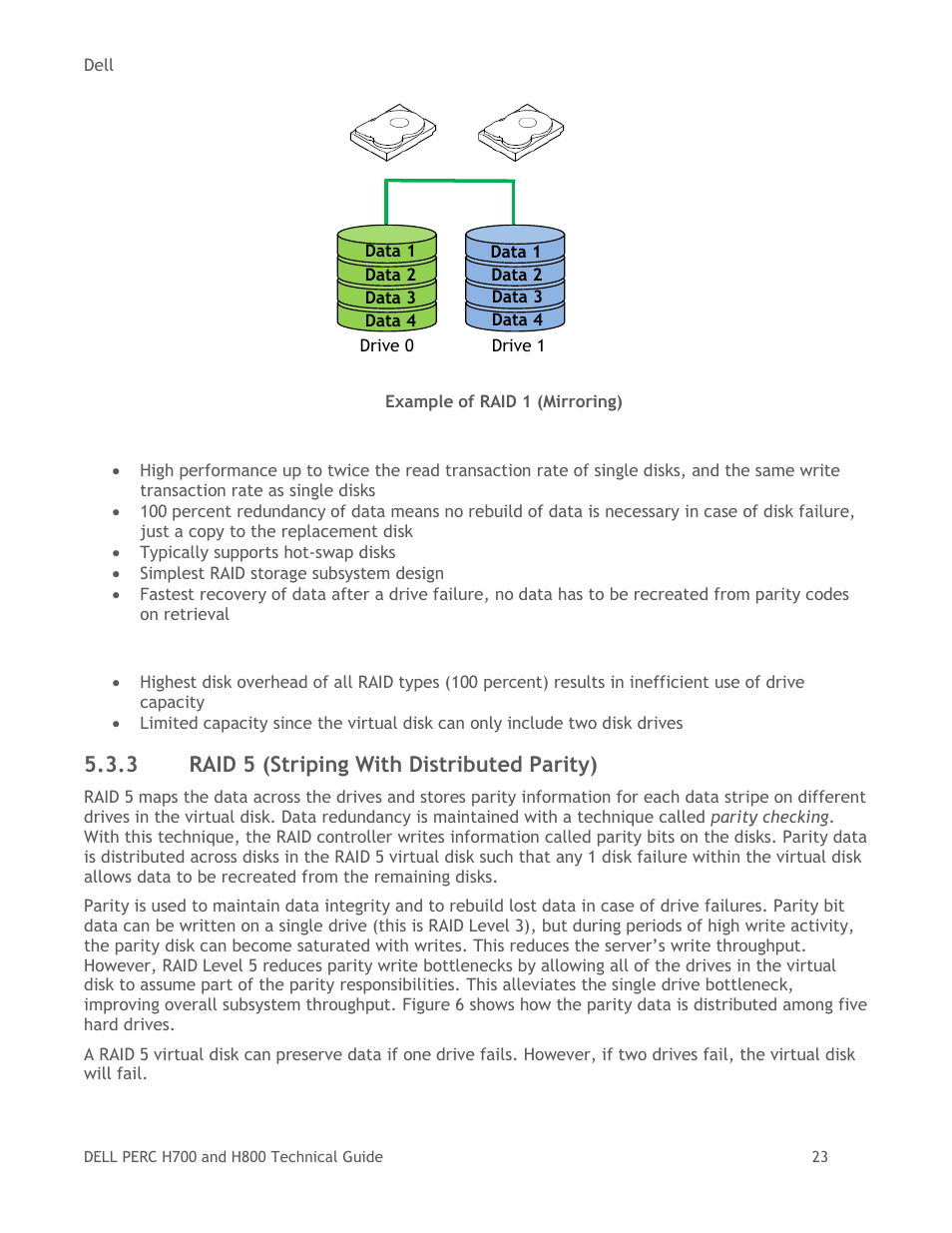 Raid 5 (striping with distributed parity), Figure 5, Example of raid 1 (mirroring) | 3 raid 5 (striping with distributed parity) | Dell POWEREDGE RADI H800 User Manual | Page 23 / 29