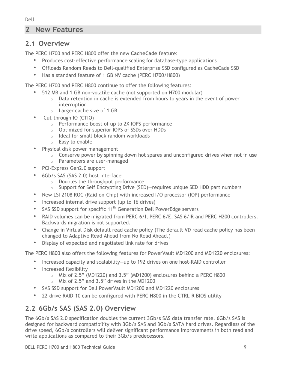 New features, New feature overview, 6gb/s sas (sas 2.0) overview | 2 new features, Overview | Dell POWEREDGE RADI H800 User Manual | Page 9 / 29