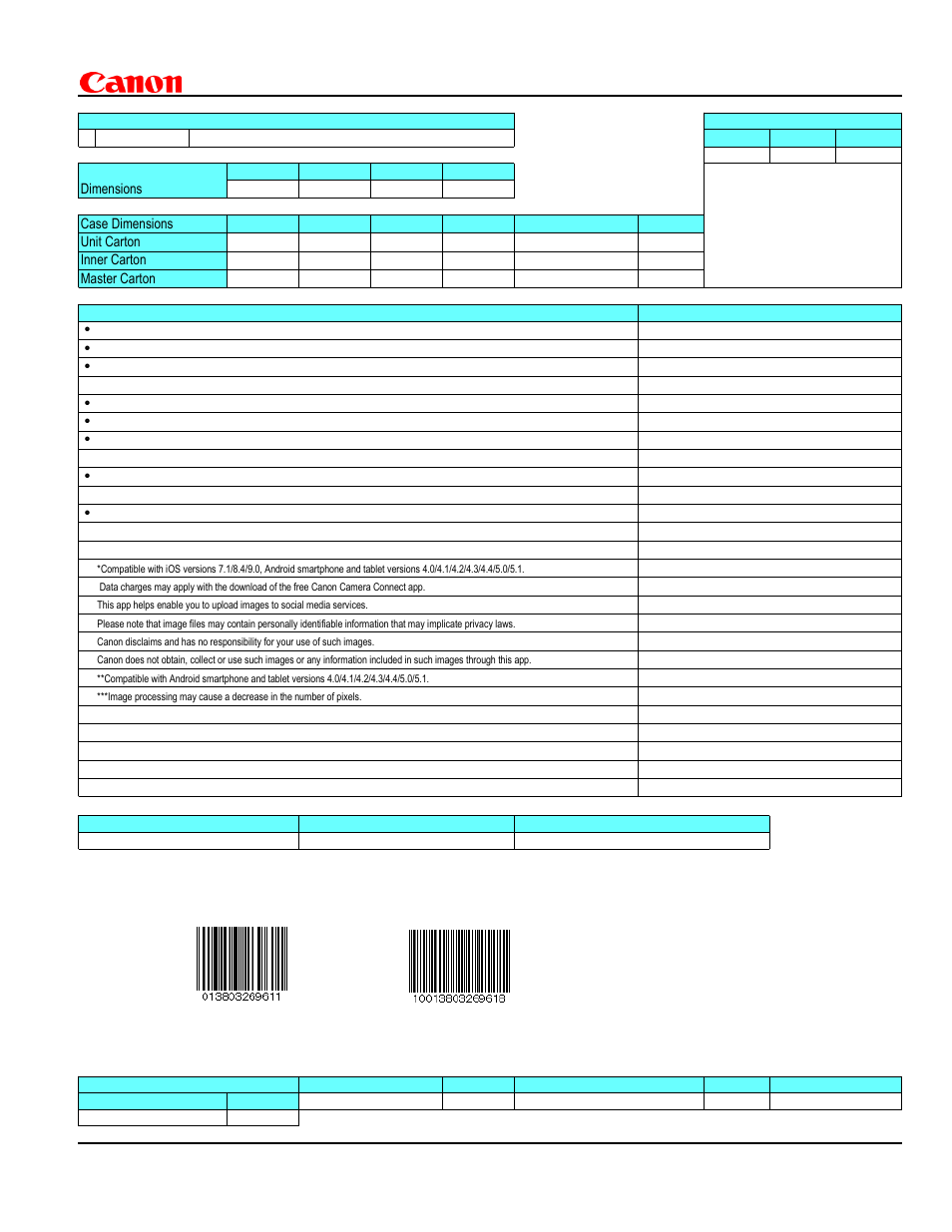 Universal data sheet | Canon PowerShot ELPH 360 HS Digital Camera (Silver) User Manual | Page 2 / 2