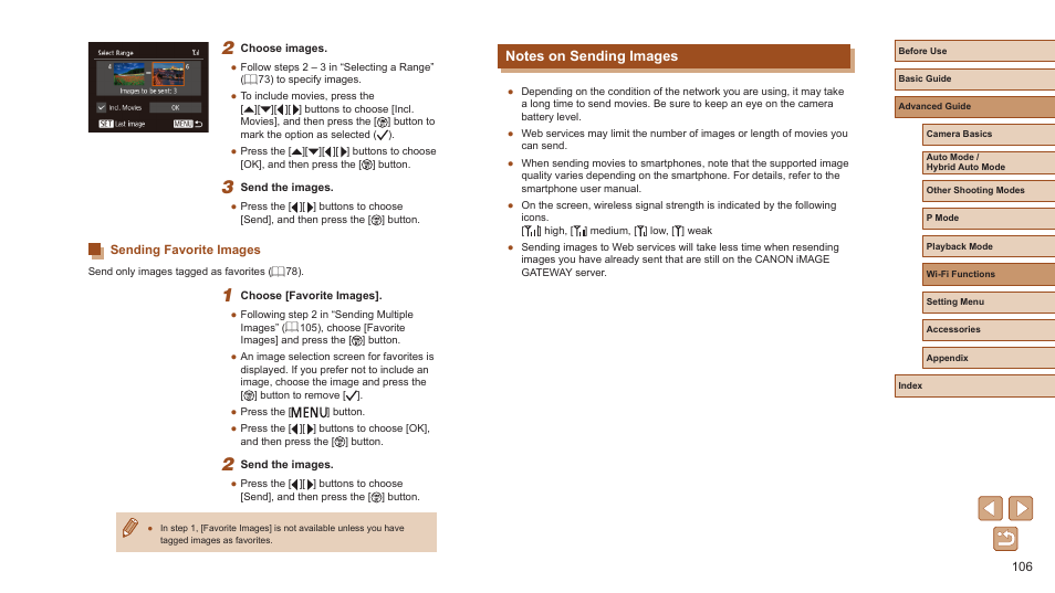 Sending favorite images, Notes on sending images | Canon PowerShot ELPH 360 HS Digital Camera (Silver) User Manual | Page 106 / 157