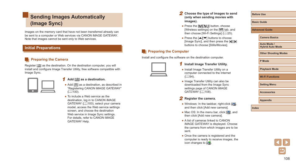 Sending images automatically (image sync), Initial preparations, Preparing the camera preparing the computer | 108) and canon image | Canon PowerShot ELPH 360 HS Digital Camera (Silver) User Manual | Page 108 / 157