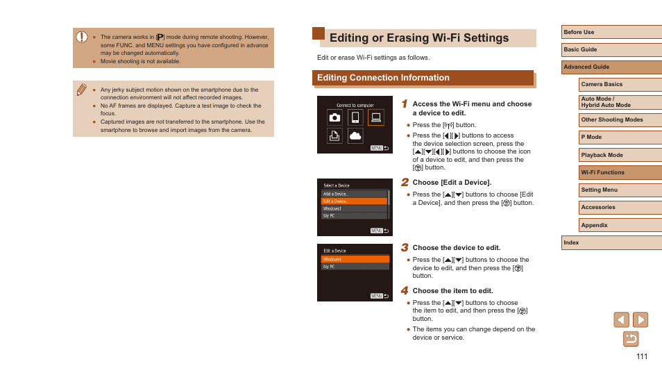 Editing or erasing wi-fi settings, Editing connection information | Canon PowerShot ELPH 360 HS Digital Camera (Silver) User Manual | Page 111 / 157