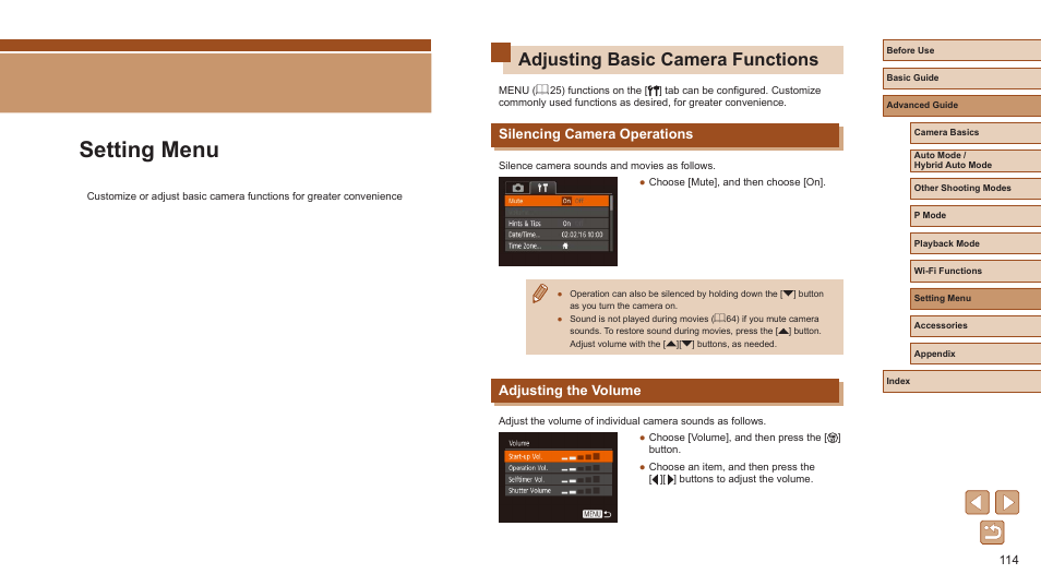 Setting menu, Adjusting basic camera functions, Silencing camera operations adjusting the volume | Silencing camera operations, Adjusting the volume | Canon PowerShot ELPH 360 HS Digital Camera (Silver) User Manual | Page 114 / 157