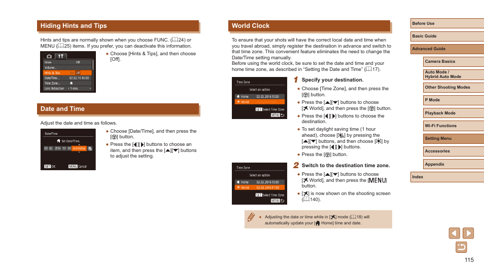 Hiding hints and tips date and time world clock, 115) settings, Also follow the steps in “world clock | World clock, Hiding hints and tips, Date and time | Canon PowerShot ELPH 360 HS Digital Camera (Silver) User Manual | Page 115 / 157
