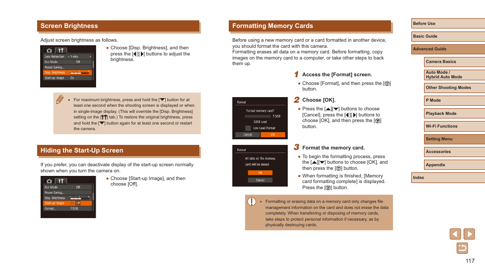 Screen brightness, Hiding the start-up screen | Canon PowerShot ELPH 360 HS Digital Camera (Silver) User Manual | Page 117 / 157