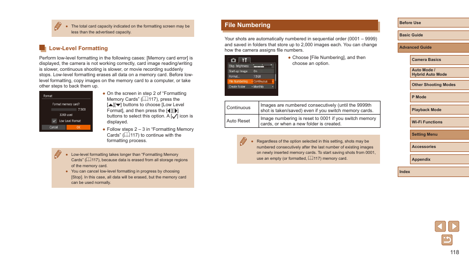 Low-level formatting, File numbering | Canon PowerShot ELPH 360 HS Digital Camera (Silver) User Manual | Page 118 / 157