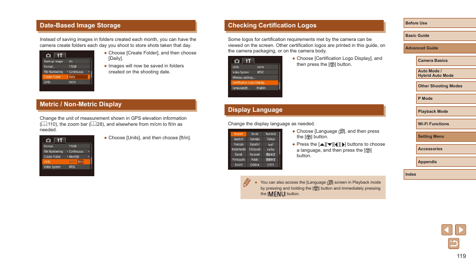 Checking certification logos, Display language, Date-based image storage | Metric / non-metric display | Canon PowerShot ELPH 360 HS Digital Camera (Silver) User Manual | Page 119 / 157